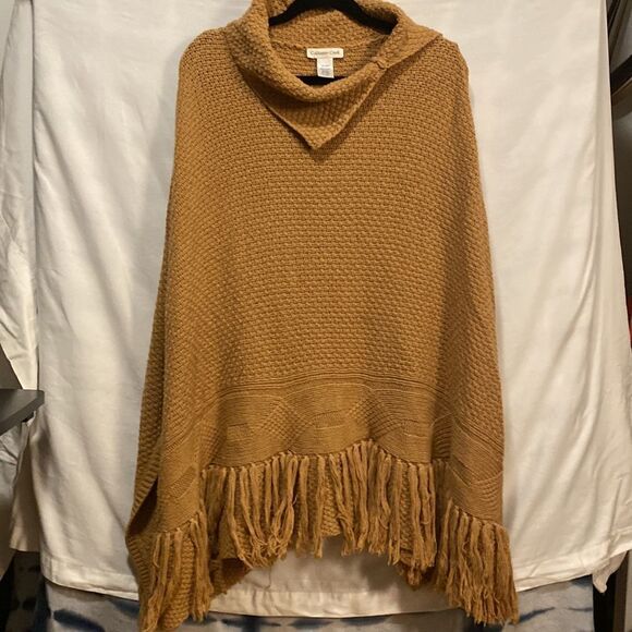 Coldwater Creek women’s camel pullover fringe poncho - Picture 2 of 4